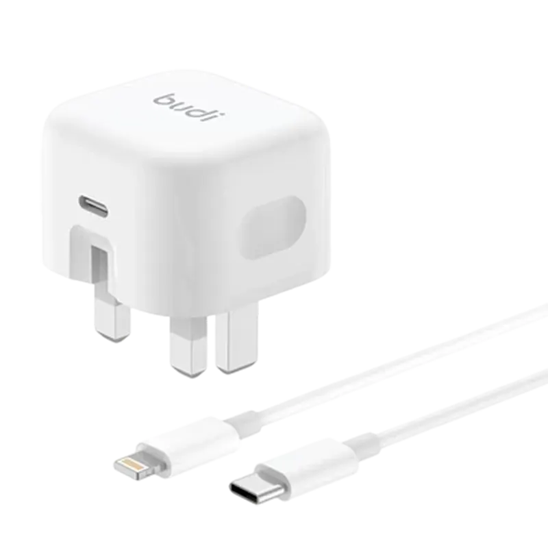 Budi AC366UTLW 20W Mini Power Adapter UK Plug + USB-C to Lightning Cable 1m Mascom International.webp